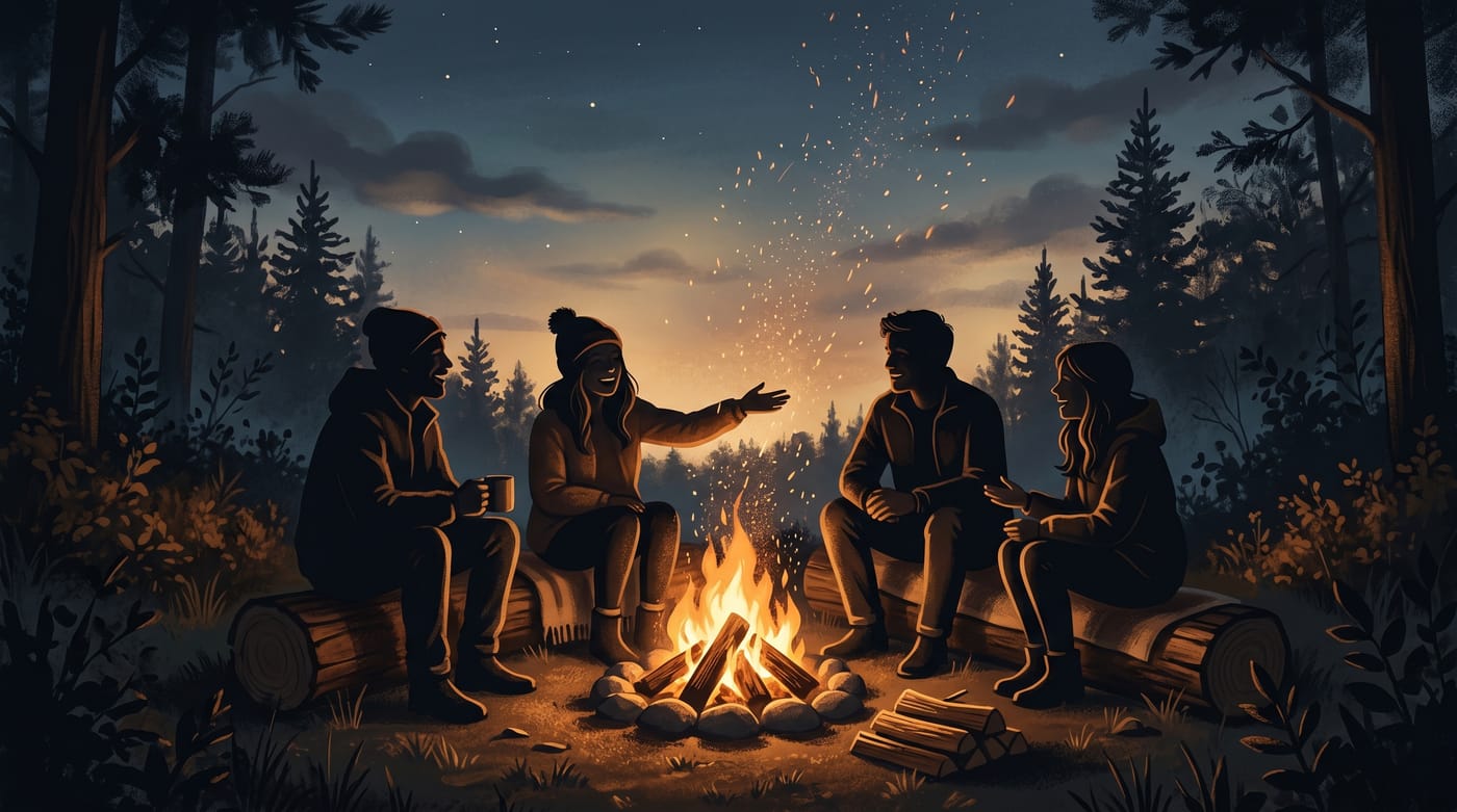 A small circle of friends around a campfire at dusk